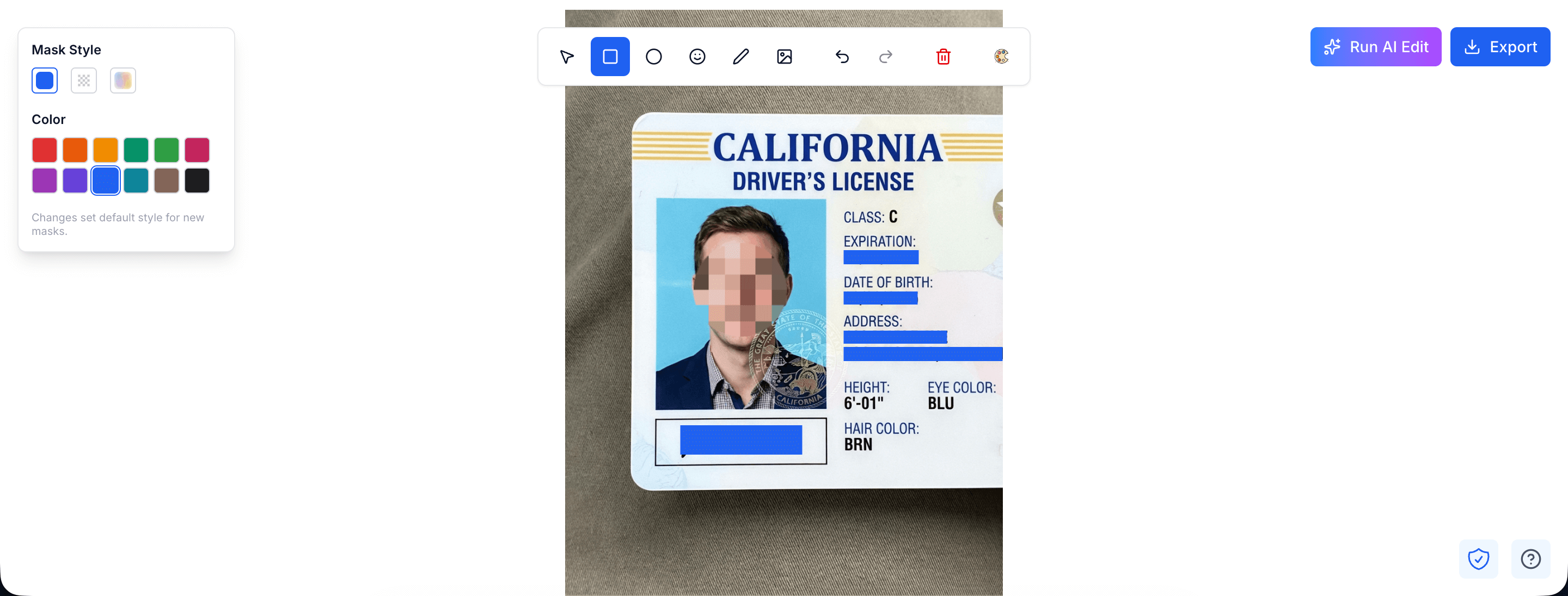 PixBlur editor interface showing AI-powered image redaction with blur, pixelate, and solid color mask options