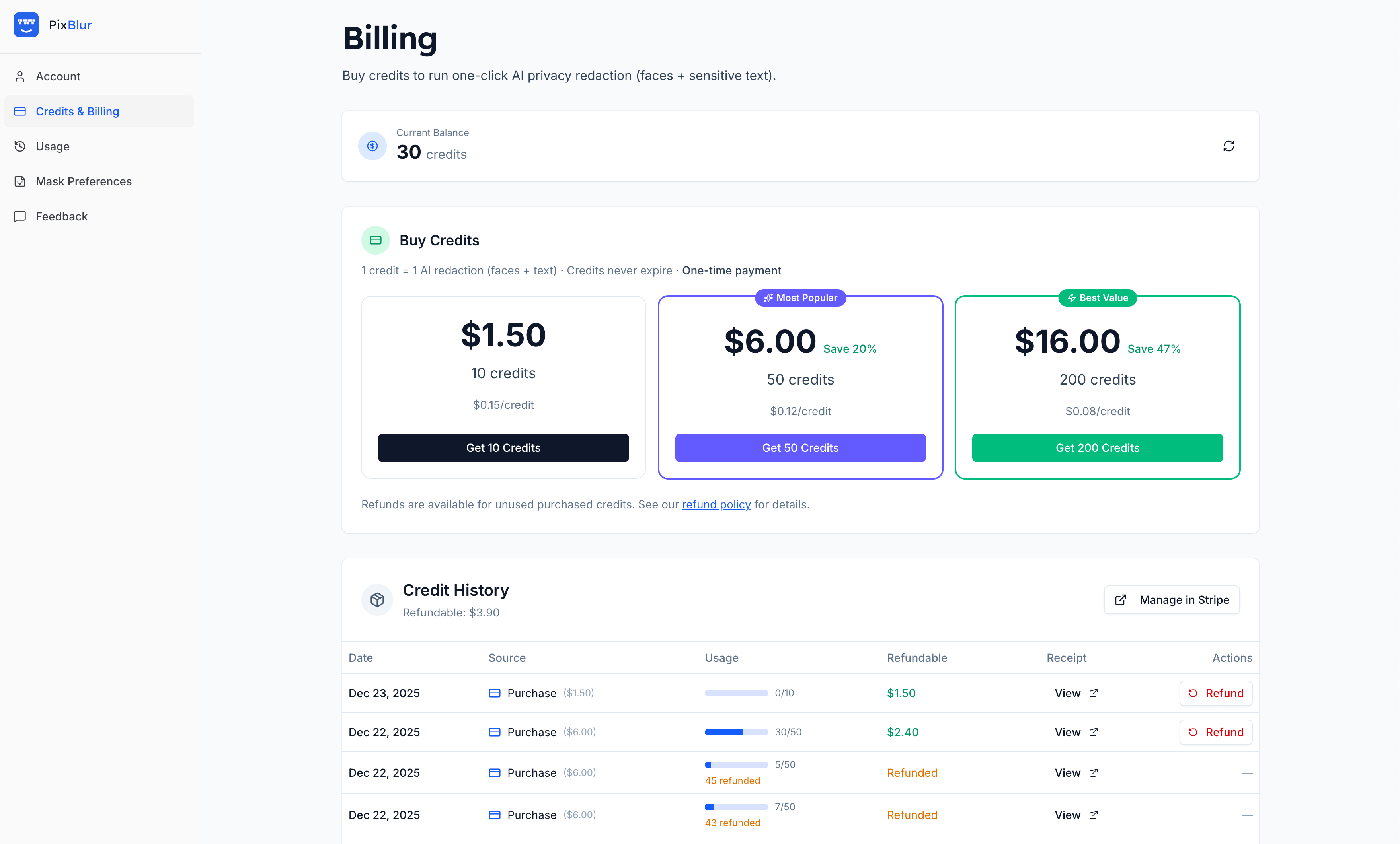 PixBlur feature screenshot - Pay-As-You-Go Credits