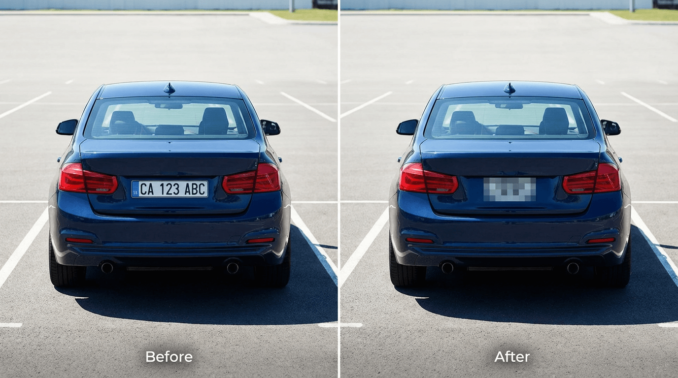 Before and after: rear view of a sedan with license plate pixelated for a car listing