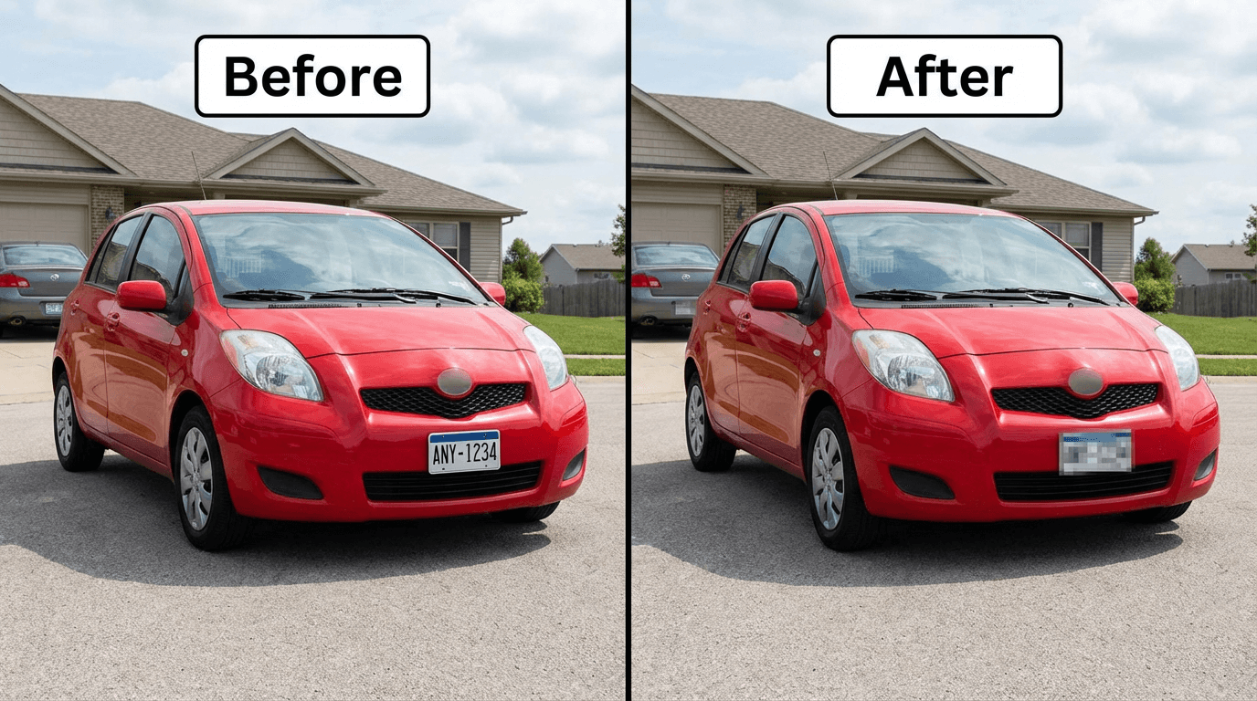 Before and after: street-parked car with front license plate pixelated along with background vehicle plates