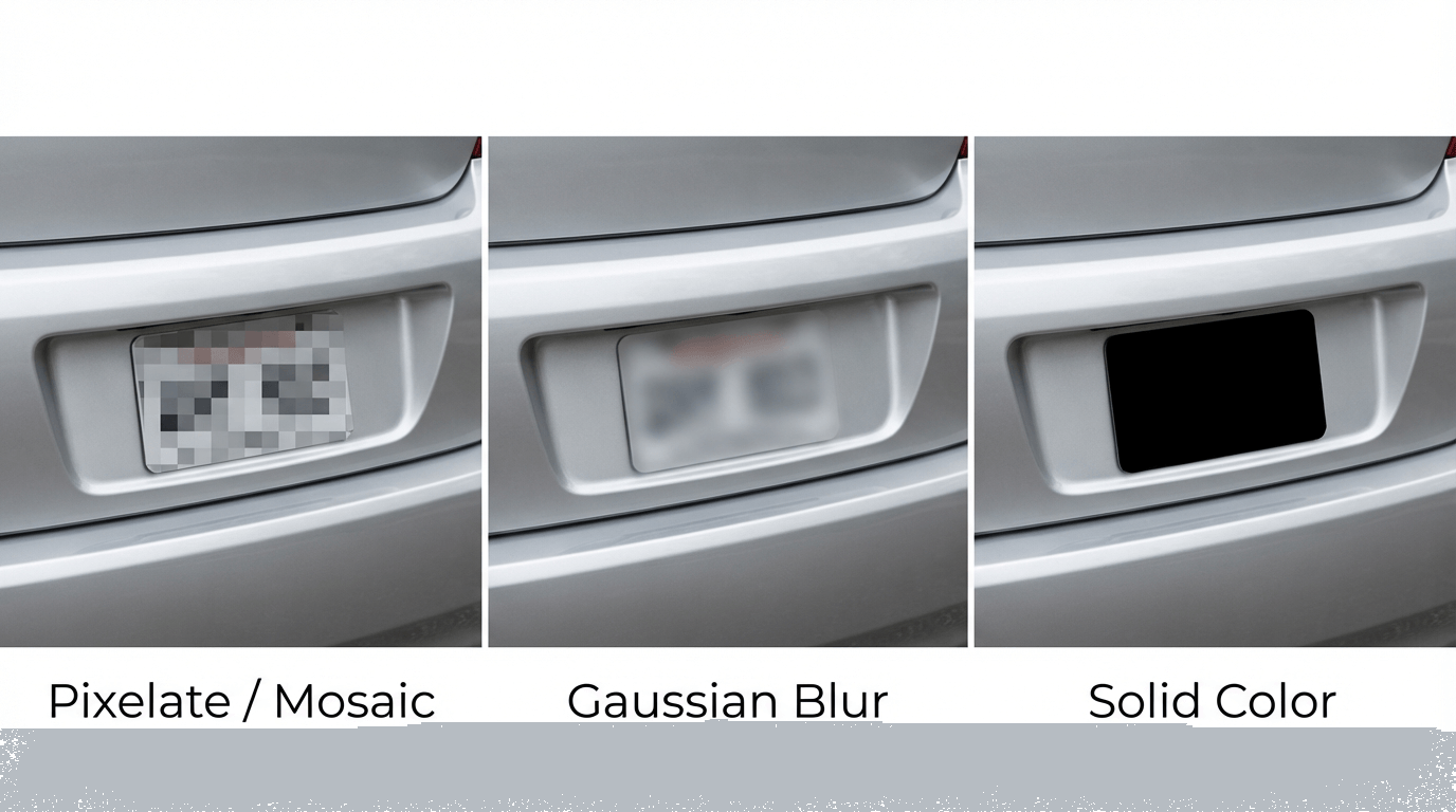 Comparison of three license plate redaction styles: pixelate/mosaic, Gaussian blur, and solid color overlay