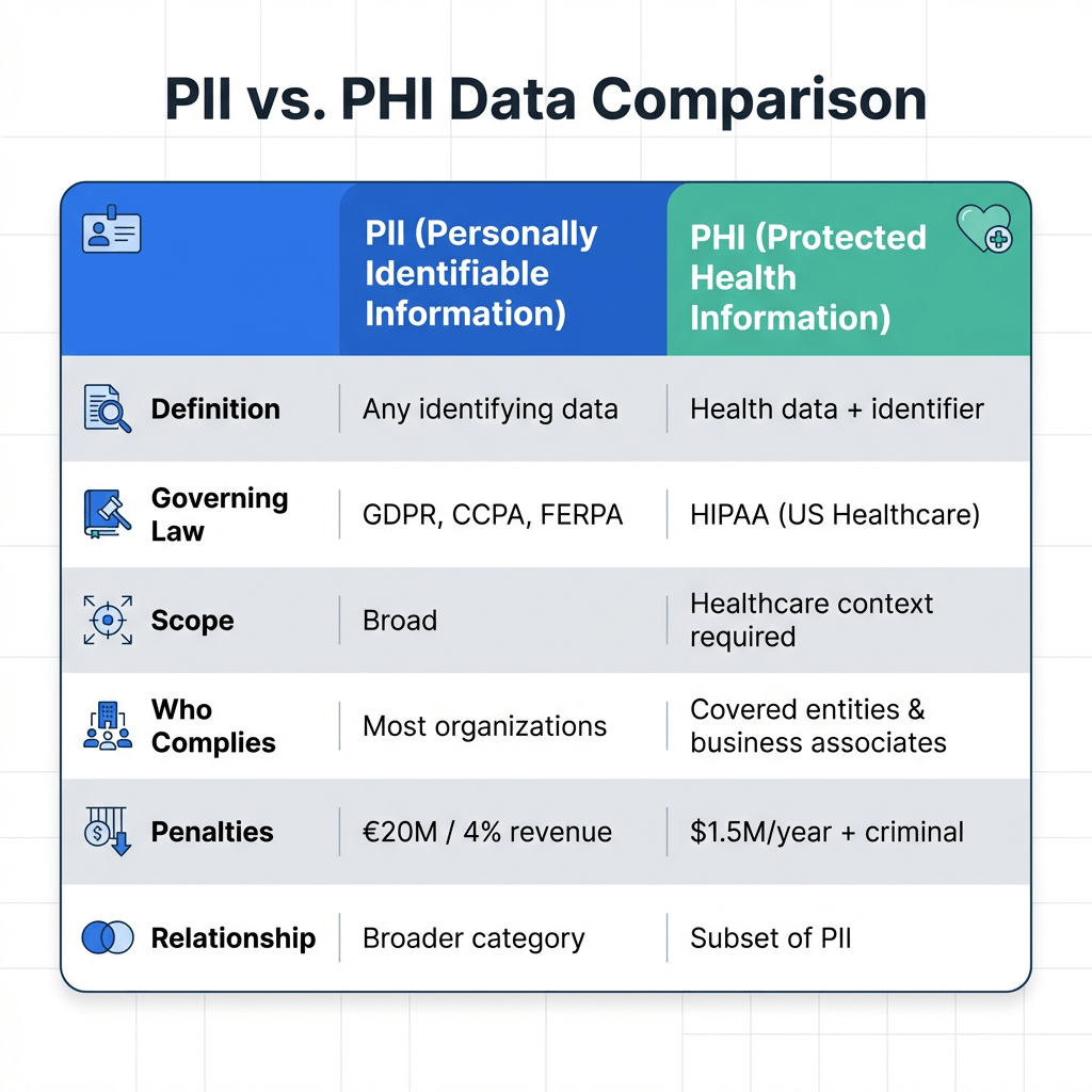 PHI vs PII comparison table showing definition, governing law, scope, penalties, and who must comply