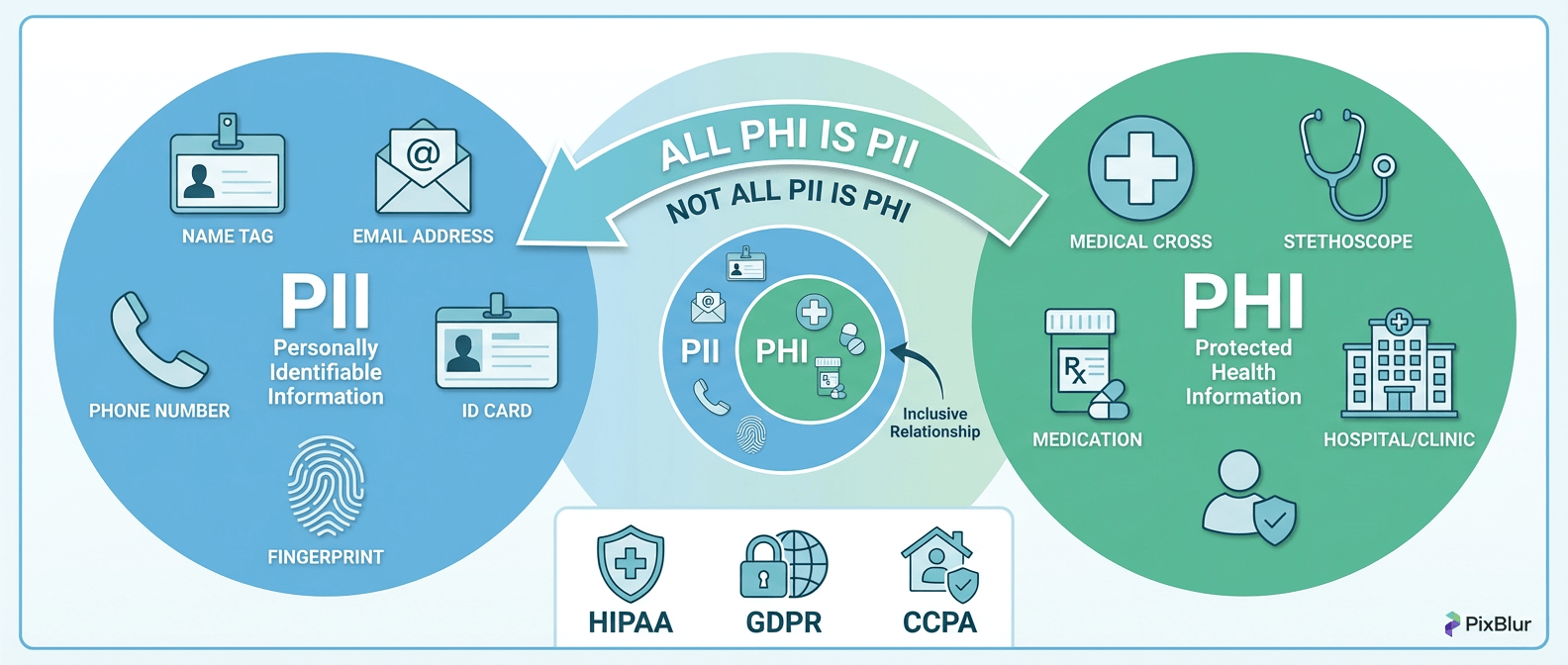 PHI vs PII comparison diagram showing the relationship between Protected Health Information and Personally Identifiable Information