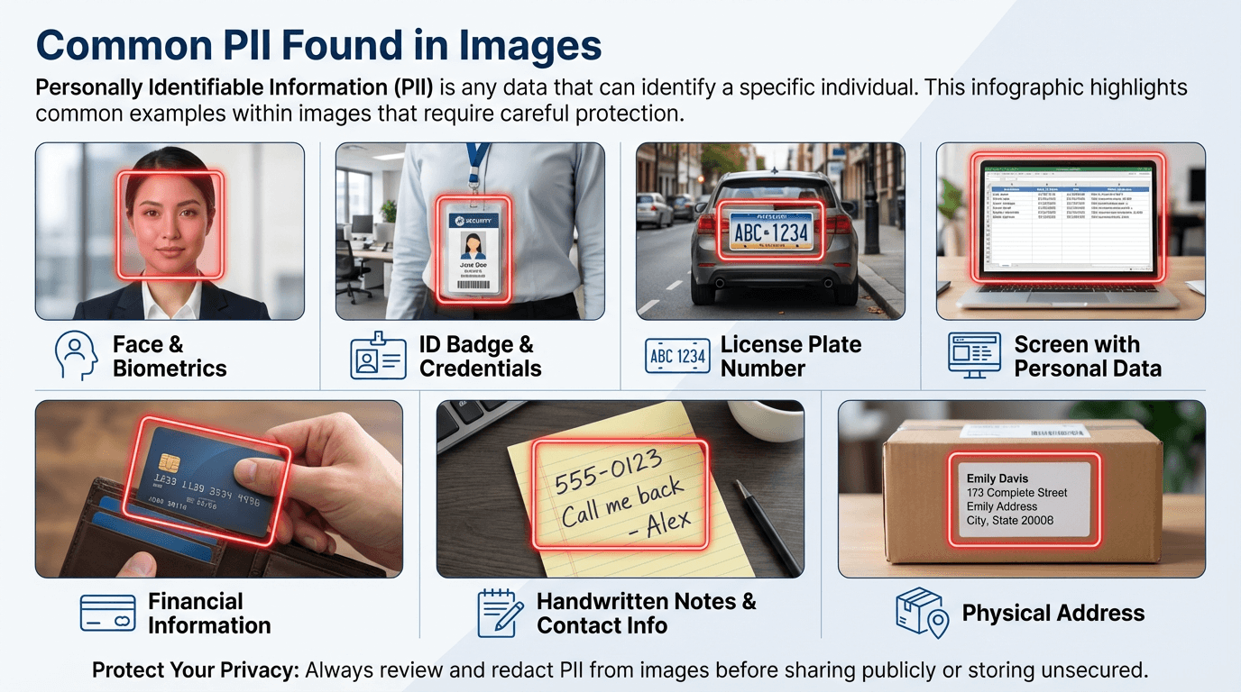 Examples of PII commonly found in images: faces, ID badges, license plates, computer screens, credit cards, handwritten notes, and addresses