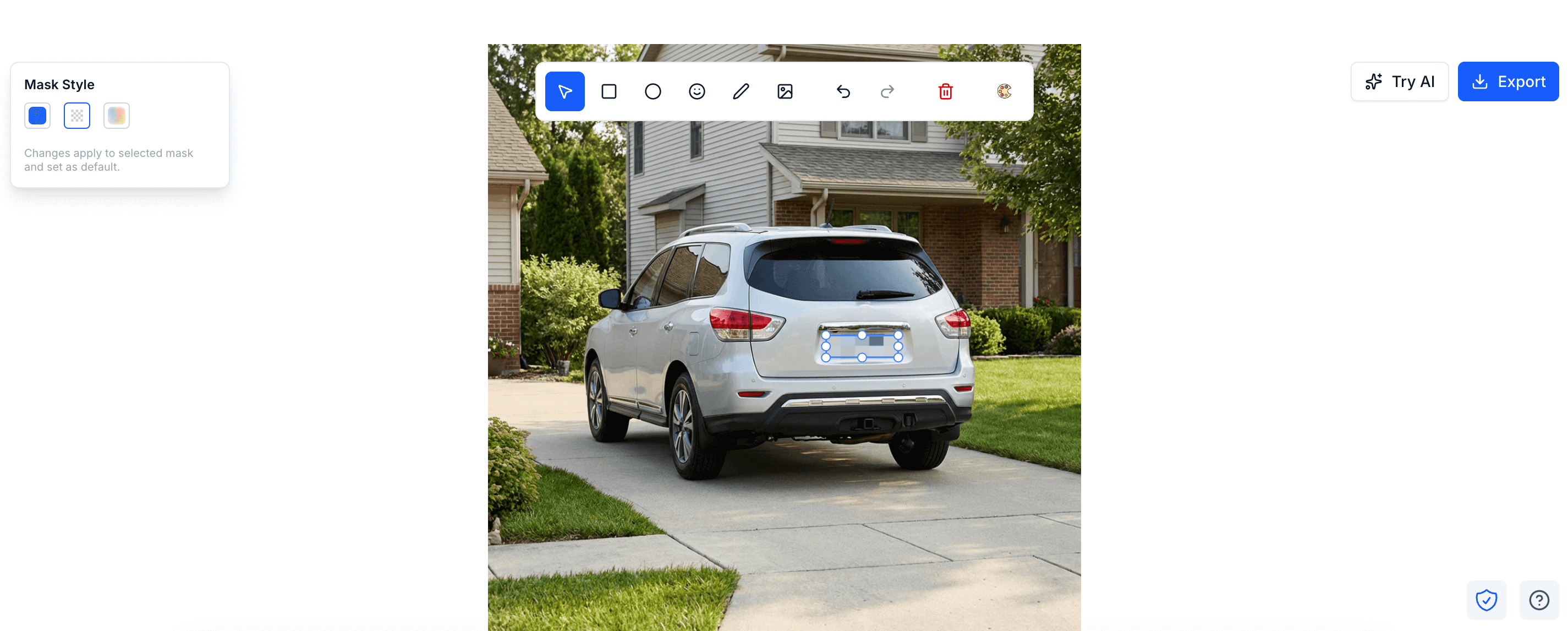 PixBlur editor interface showing a car image with license plate selected for pixelation redaction