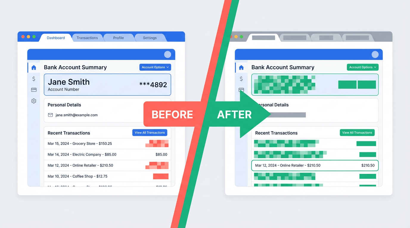 Before and after comparison showing a bank account screenshot with sensitive information redacted